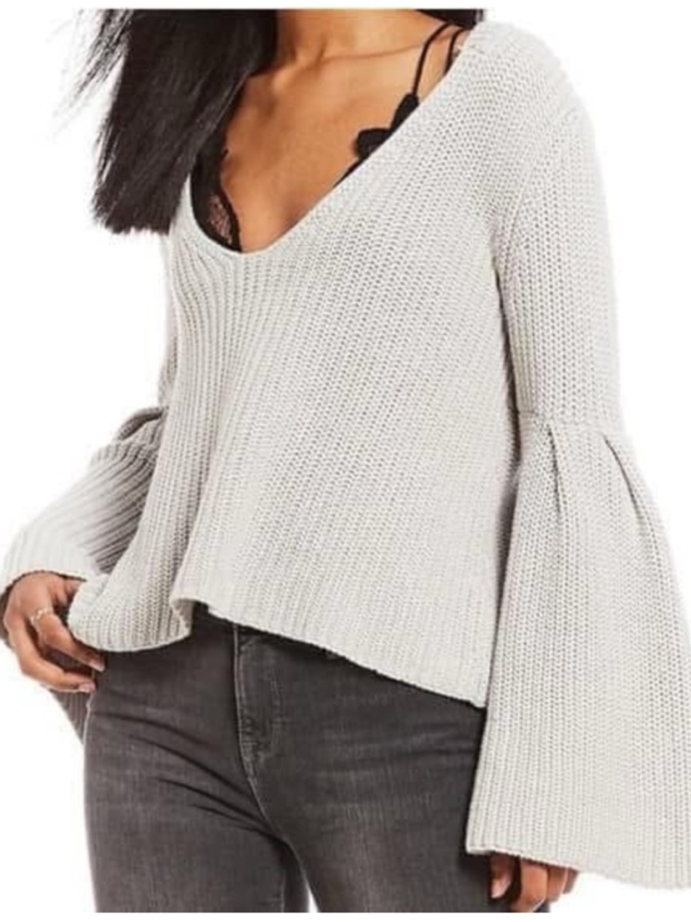 Free People Light Gray Bell Sleeve Knit Sweater
